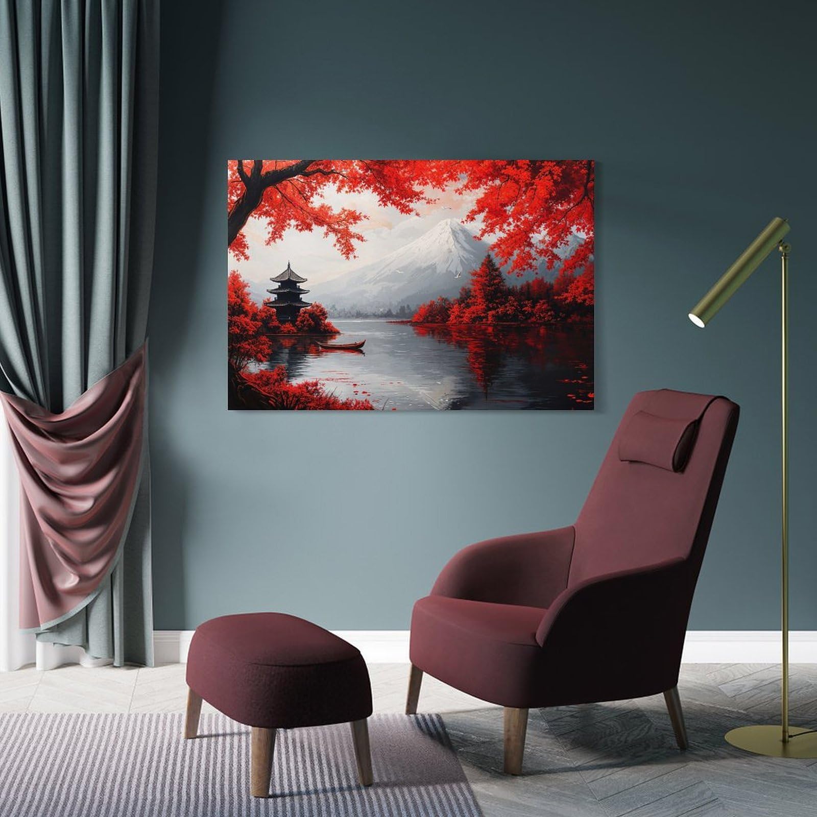 Junmoney Japanese Pagoda And Mountain Wall Art Print, 20x30inch(50x75cm), for Bedroom Decor, Cosy Corners Or Studios, Canvas Wall Decor for Personal Spaces