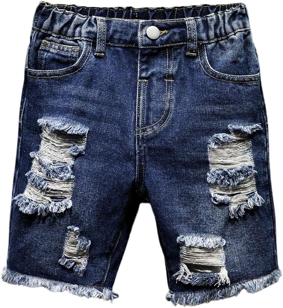 GORGLITTER Boy's Denim Jean Shorts Jorts High Elastic Waist Ripped Distressed Frayed Hem Bermuda Shorts Y2k with Pockets