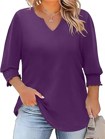 Rapbin Womens Plus Size Tops 3/4 Sleeve Blouses Shirts Casual V Neck Loose Tunic Tops 1X-5X
