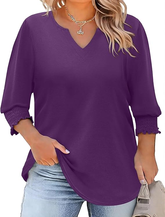 Rapbin Womens Plus Size Tops 3/4 Sleeve Blouses Shirts Casual V Neck Loose Tunic Tops 1X-5X