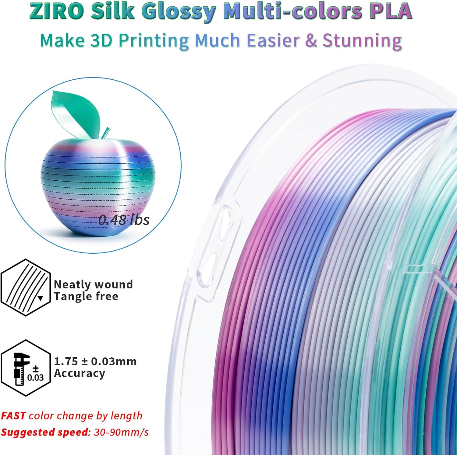 ZIRO Fast Color Change PLA, 1.75mm Color Gradient Filament, Glossy Rainbow PLA Filaments, Fit Most 3D Printer Pen, Shiny Surface 1KG/2.2lbs Spool, Aqua Sky (Silk)