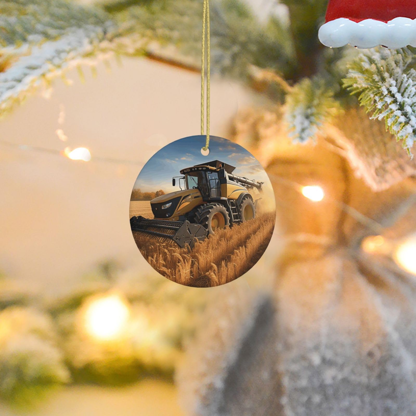 Christmas Tree Ornaments Ceramics Christmas Round Decorations Farm Tractor Harvester Ceramics Ornaments Circle Pentagram Xmas Tree Hanging Pendant for Christmas Tree Party Holiday Home Decor