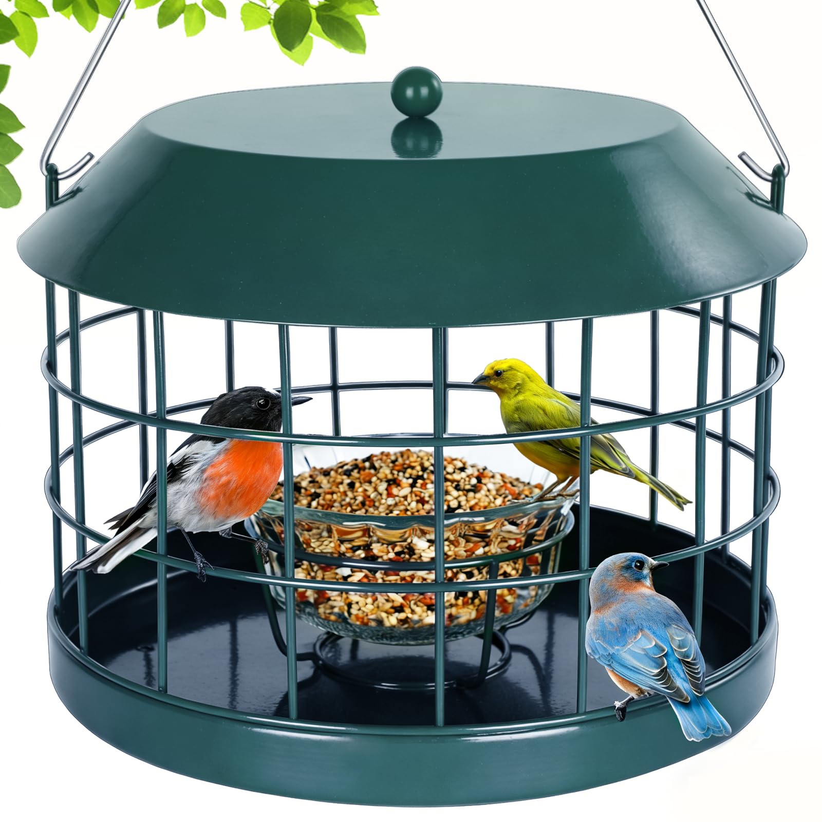 Gbekery Caged Bluebird Feeder for Mealworms with Glass Bowl, Squirrel Proof Bird Feeder for Small Birds Only, Detachable Hook, Large Space, Outdoors Weatherproof, Metal, Green