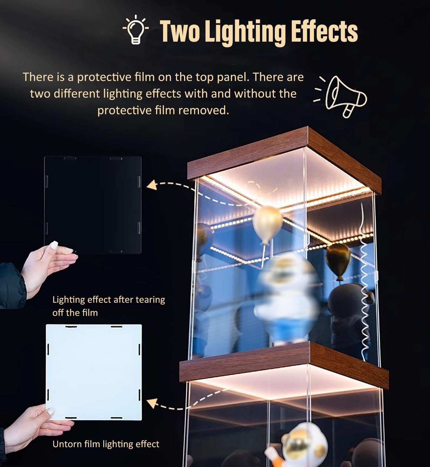 Teca Plexiglass Vetrina in Acrilico con Luci, Vetrina con Base Effetto Legno/Coperchio Rimovibile, Scatola Regalo in Acrilico Trasparente, Vetrina per Diorama(400x300x350mm/16x12x14in)