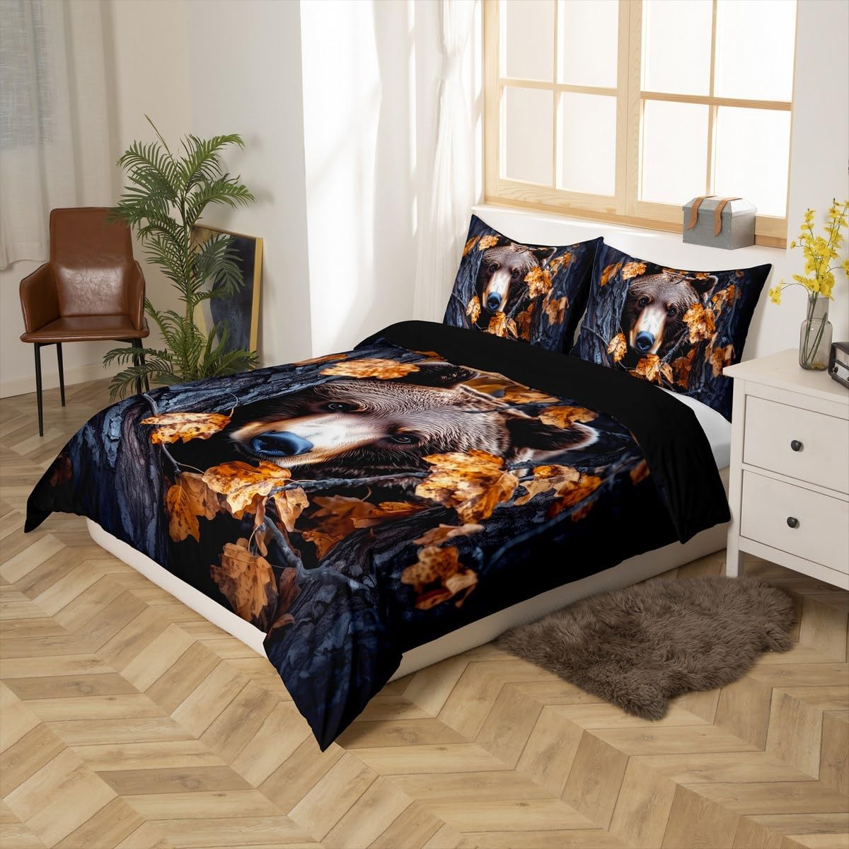 Castle Fairy 3D Bear Duvet Cover Set Toddler Size Jungle Hunt Wildlife Comforter Cover Farmhouse Safari Animal Bedding Set 2pcs for Kids Natural Tree Branch Bedspread Cover,Comforter Not Included