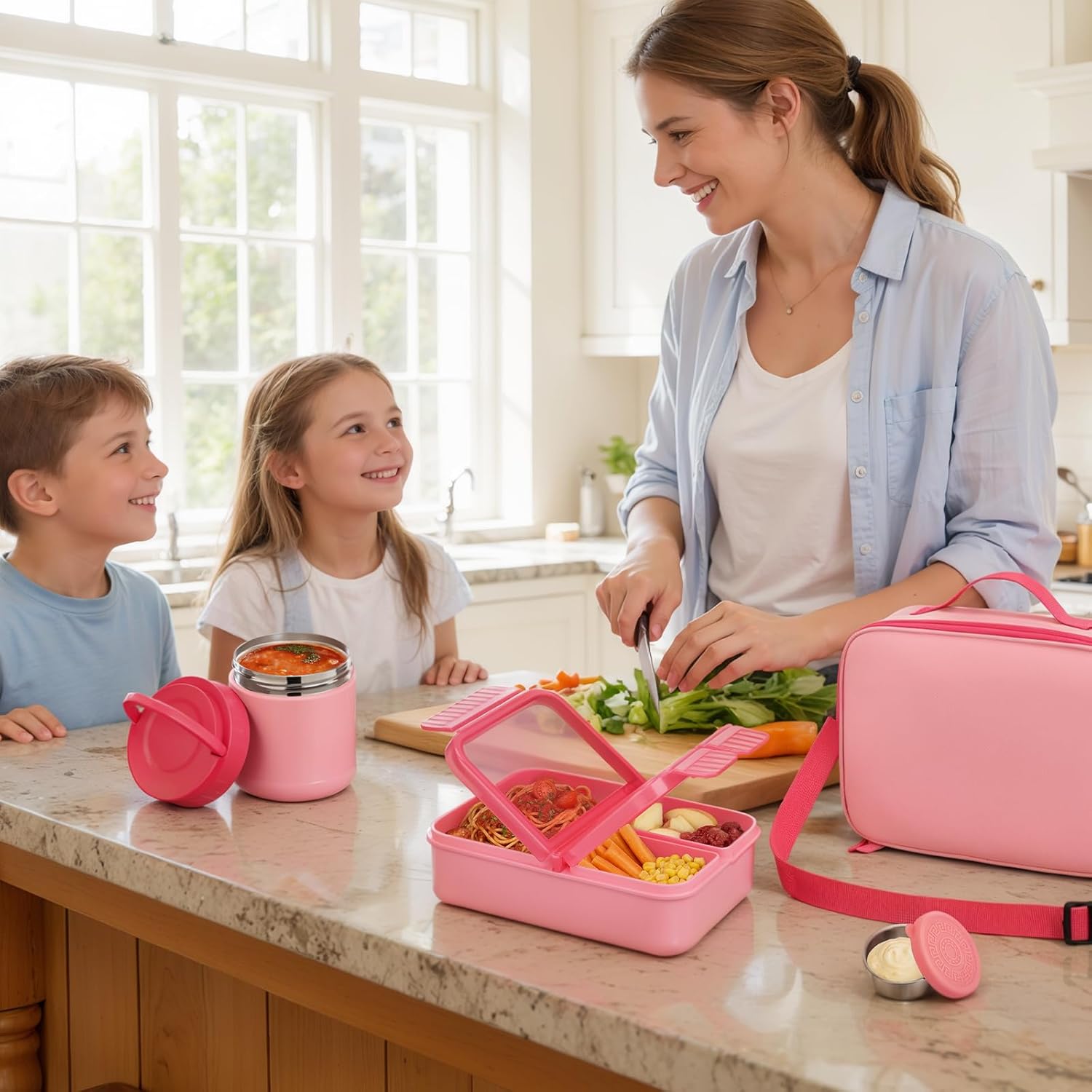 Snack Box Container Set with 10.5oz Soup Thermo for Kids Adults Lunch Box with 3 Compartents Toddler Leak Proof Portable Bento Box with Bag for Office,School,Travel,Outdoor - Pink