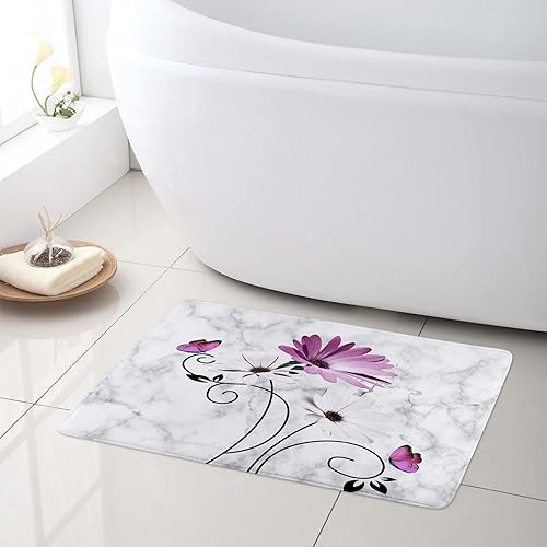 Miniatura 2 de HVEST Alfombras de baño florales de granja, mariposa y flor blanca sobre mármol gris, alfombra de baño para decoración de baño, telón de fondo de