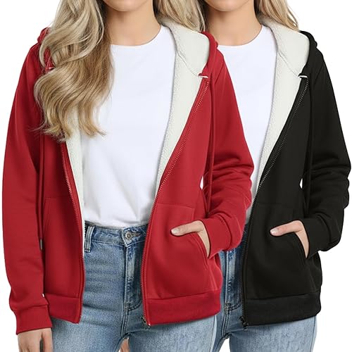 Chicingyou 2 Pack Womens Sherpa Full Zip up Hoodie for