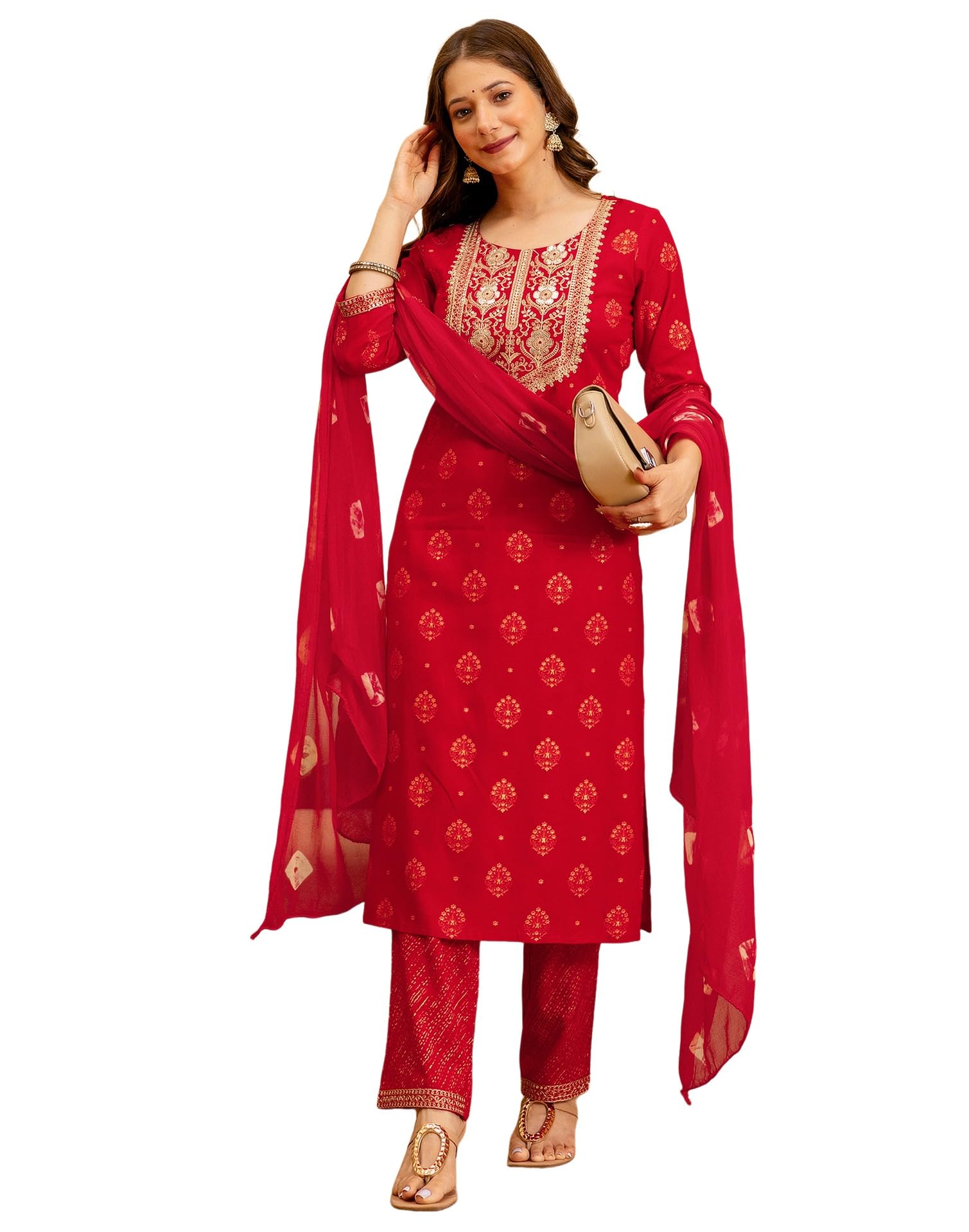 Women's Cotton Sequence Embroidery and Foil Printed Straight Kurta with Pant & Dupatta-image-25