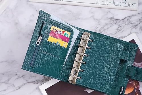 Miniatura 3 de Moterm Planificador de anillos de lujo de bolsillo, organizador de carpetas de cuero genuino (verde azulado profundo, anillo de 1.181in)