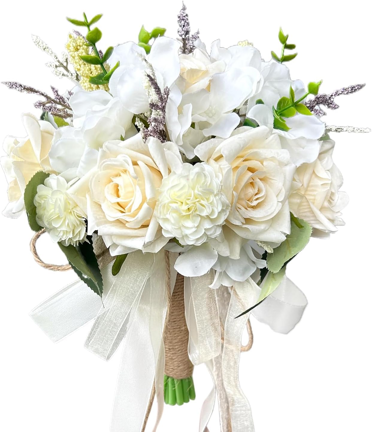 LCiclly Wedding Bouquets for Bride Bridesmaid,Small Bouquet White Champagne Ivory Artificial Fake Silk Roses Flowers for Wedding Boho Rustic Church Decoration Toss Bouquet (Champagne White, 8.6in(M))