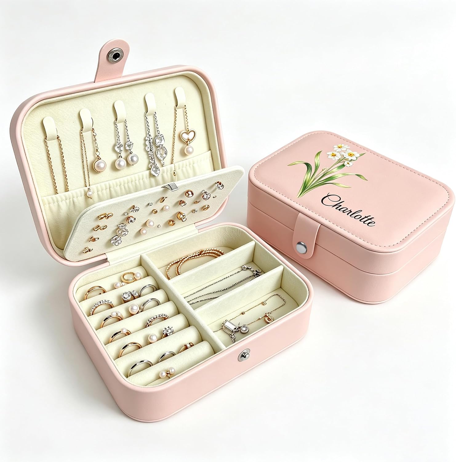 Personalized PU Leather Jewelry Box, Custom Name & Birth Flower Storage