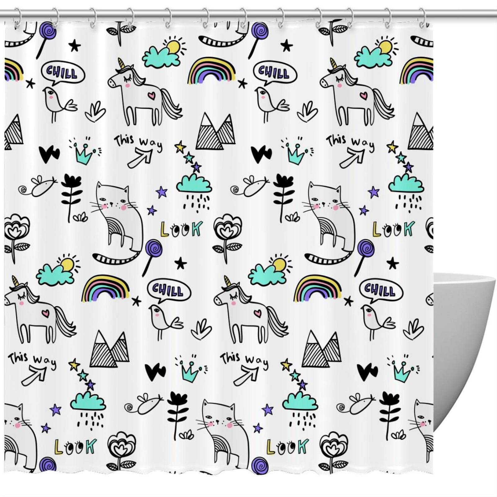 Rideau de douche motif chat dessiné à la main avec licorne féerique 167,6x182,9 cm