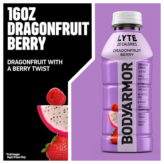 BODYARMOR LYTE, Dragonfruit Berry, Electrolyte Drink, 20 Calories, 16 Fl Oz Bottles (6 Pack), Coconut Water Sports Drink, Natural Flavor & B Vitamins