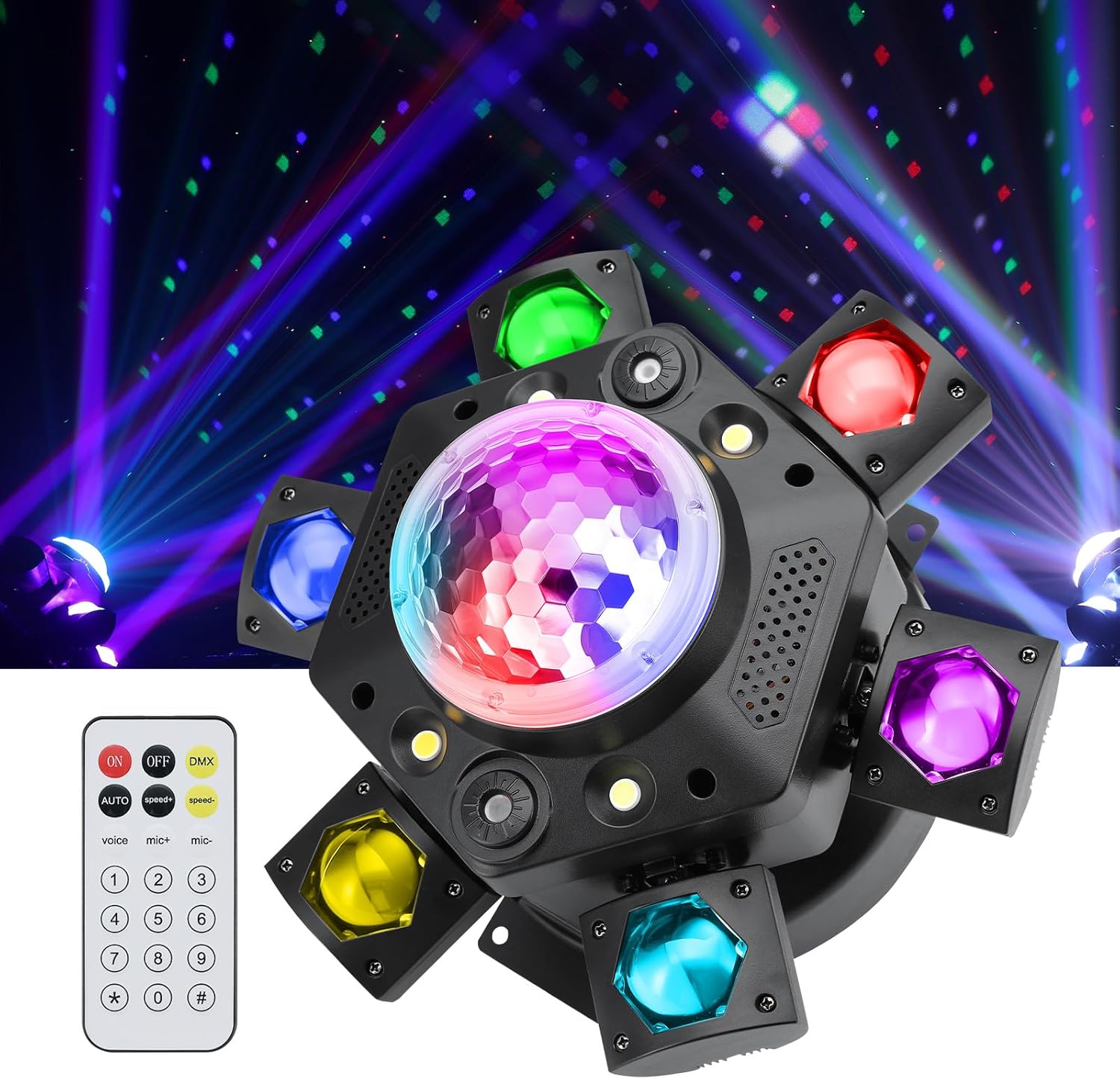 Moving Head DJ Lights, 150W RGBW LED 6 Arm Disco Ball Light Beam/Wash/Zoom/Effect, Sound Activated, DMX 512 Remote Control DJ Lights for Disco Club Wedding Party