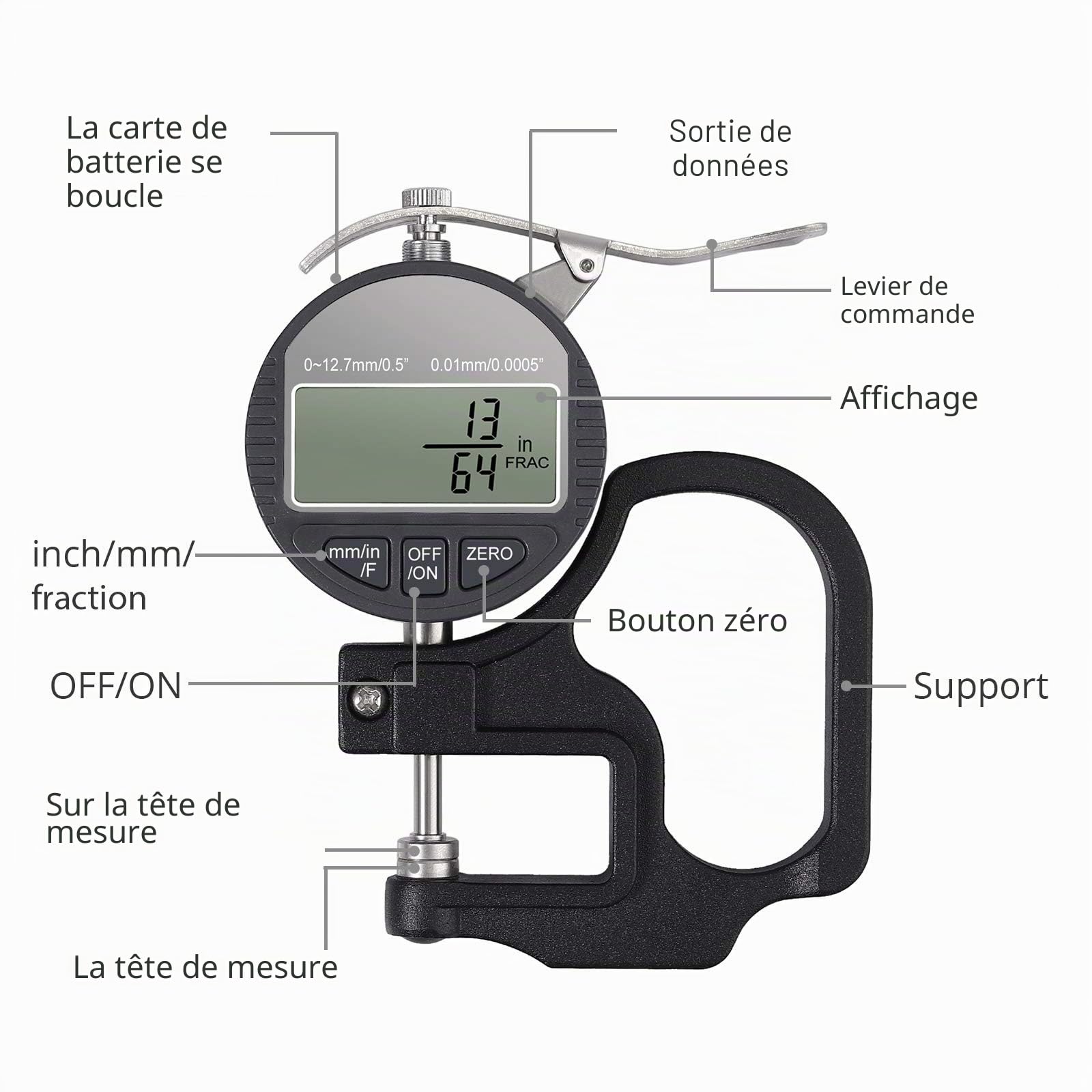 Neoteck Jauge d’Epaisseur Numérique Mesure Thickness Digital 0-12.7 mm,0.01mm/0.0005"/1/128"Micromètre Eléctrique Mm/Pouce/Fraction Pourcentage Affichage LCD à Cristaux Liquides Tissu Cuir Papier