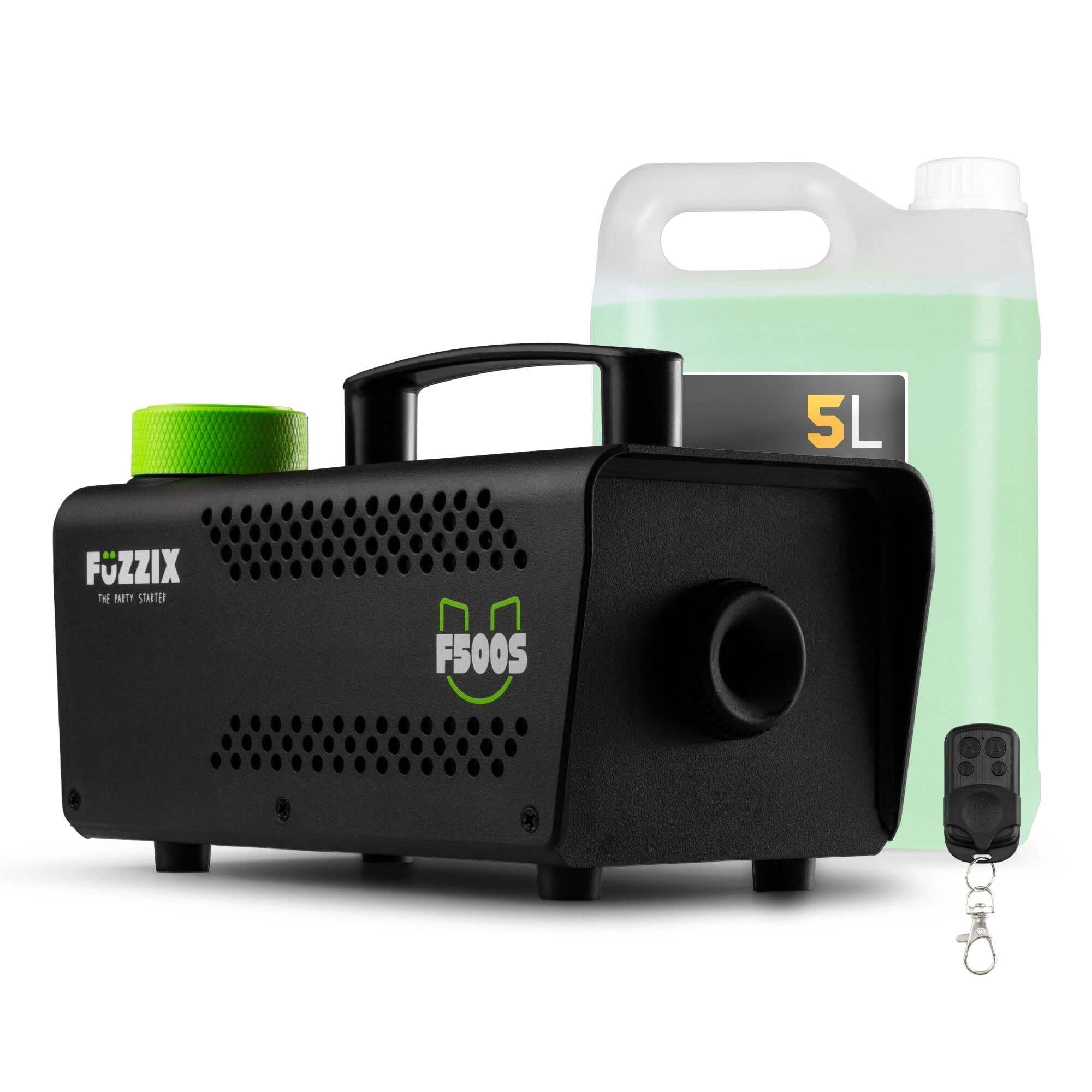 Fuzzix F500S Máquina de humo 500W con control remoto inalámbrico, 250ml depósito, incluye 5L líquido, 50m³/min, recalentamiento rápido 30s, ideal fiestas, DJs y eventos pequeños
