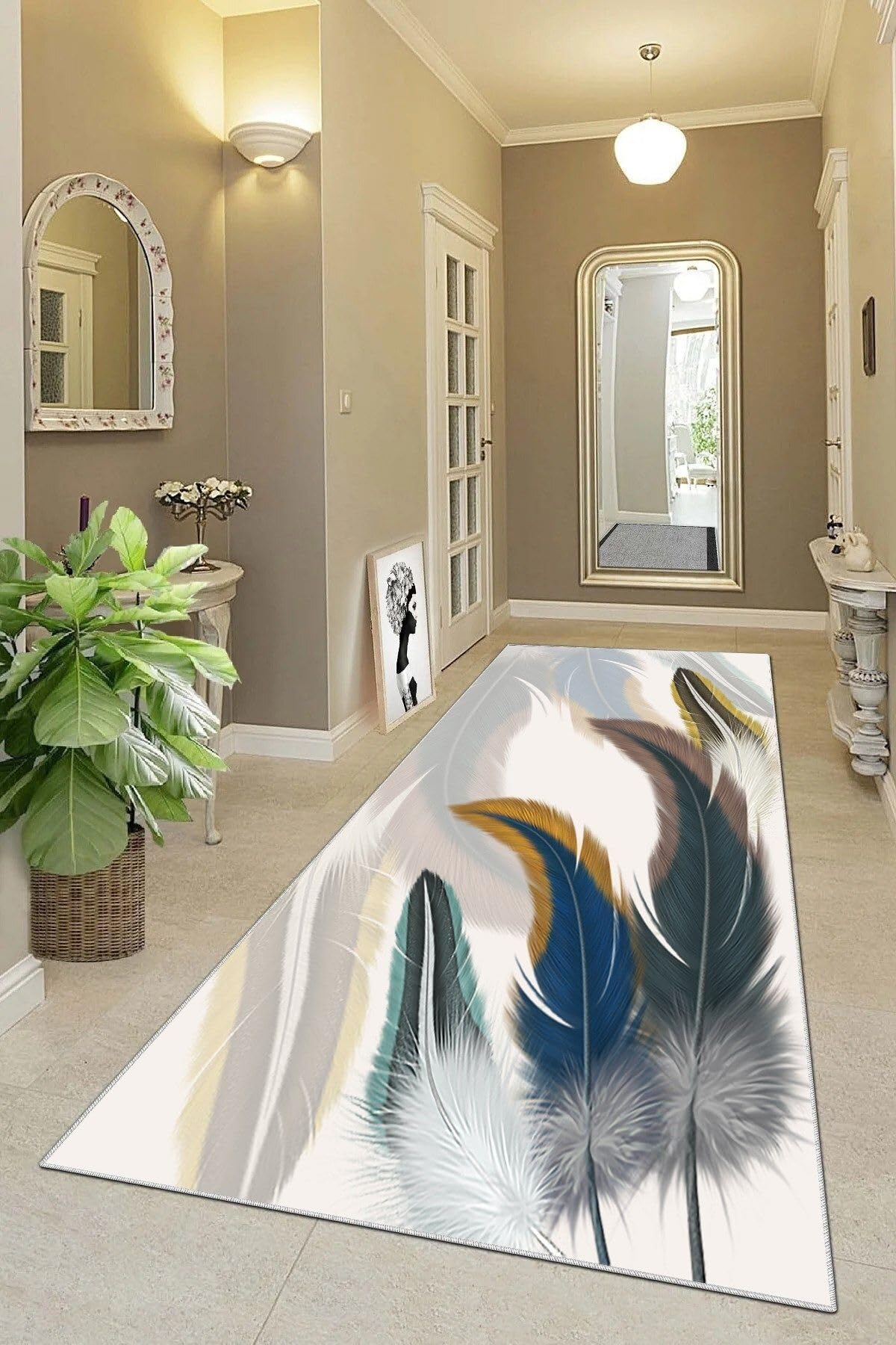 Pelangi Kuş Tüyü Desenli Renk Geçişli Dijital Baskı Yıkanabilir Modern Salon Halı ve Yolluk, Mavi-Beyaz-Gri 100 x 600, 95546511006007