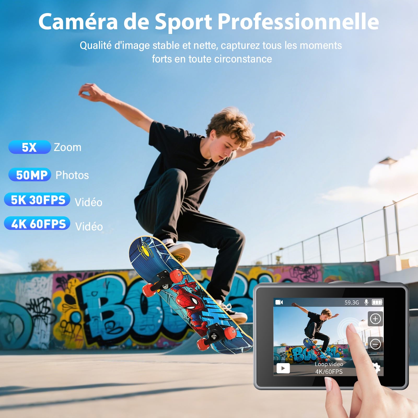 Caméra Sport 5K/4K 60FPS 50MP, Camera Étanche 30M, Caméra d'Action avec 64GB Carte, Stabilisation EIS, WiFi, Grand Angle 170°, Appareil Photo Etanche, Camera Casque pour Moto Plongée Vélo Vlog