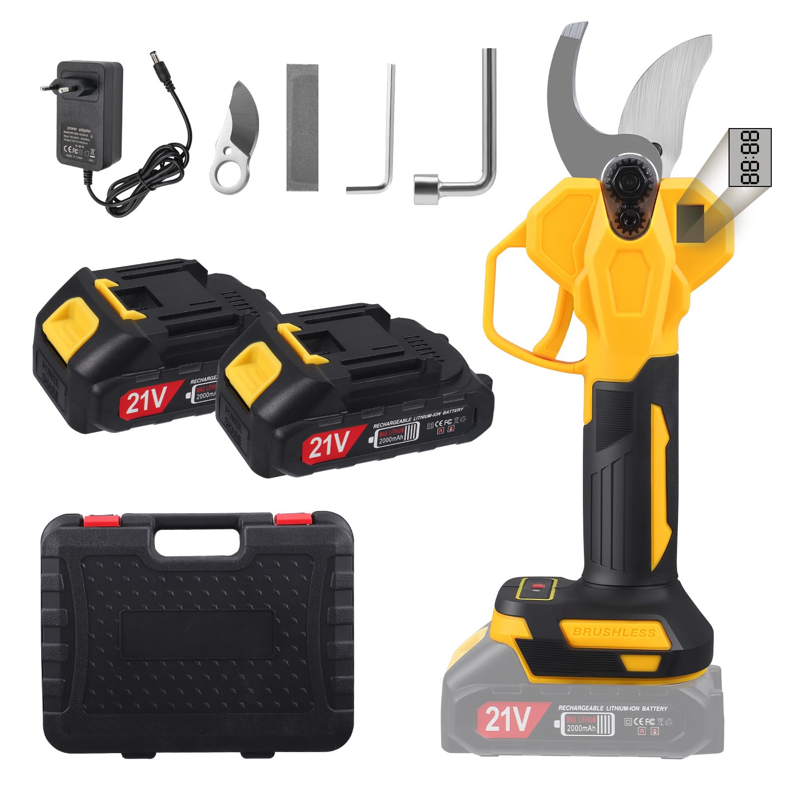 Sécateur Électrique Sans Fil 30mm, Secateur a Batterie, Secateur Electrique Professionnel avec 2 x 2000 mAh, Écran LCD, Moteur Brushless, SK7 Lame, Secateur de Jardin pour Arbres, Arbres fruitiers