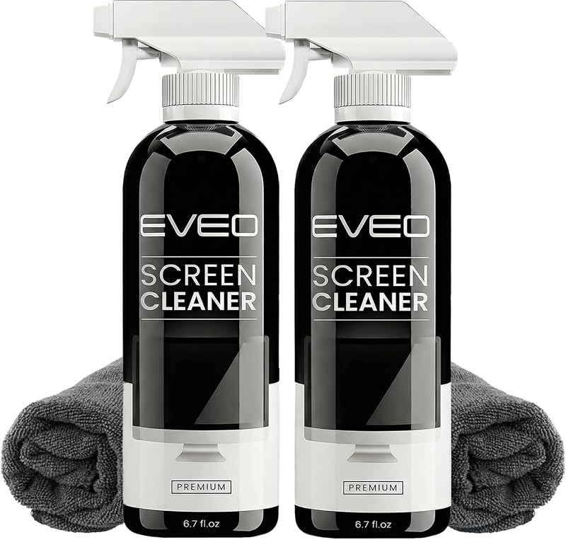 EVEO® Kit de spray limpiador de pantalla (sin rayas) Limpiador de pantalla de TV para Smart TV, LCD, LED, OLED | Limpiador de pantalla de computadora, paño de microfibra en aerosol y toallita, TV, monitor, computadora portátil, iPad, automóvil, 6,7 oz, paquete de 2