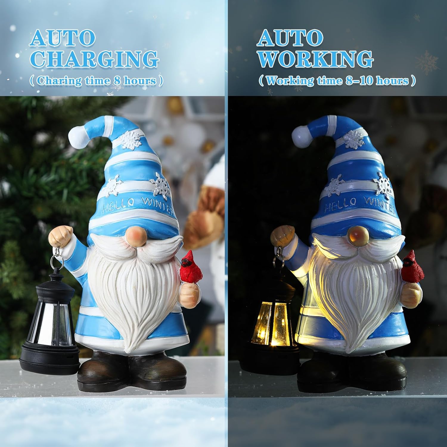 Tuanse 8" Hello Winter Gnome Statue Decorations for Outdoor Resin Garden Gnome Holding Lantern with Solar Lights and Cardinals Snowflakes Figurine for Porch Christmas Outdoor Patio House Decoration