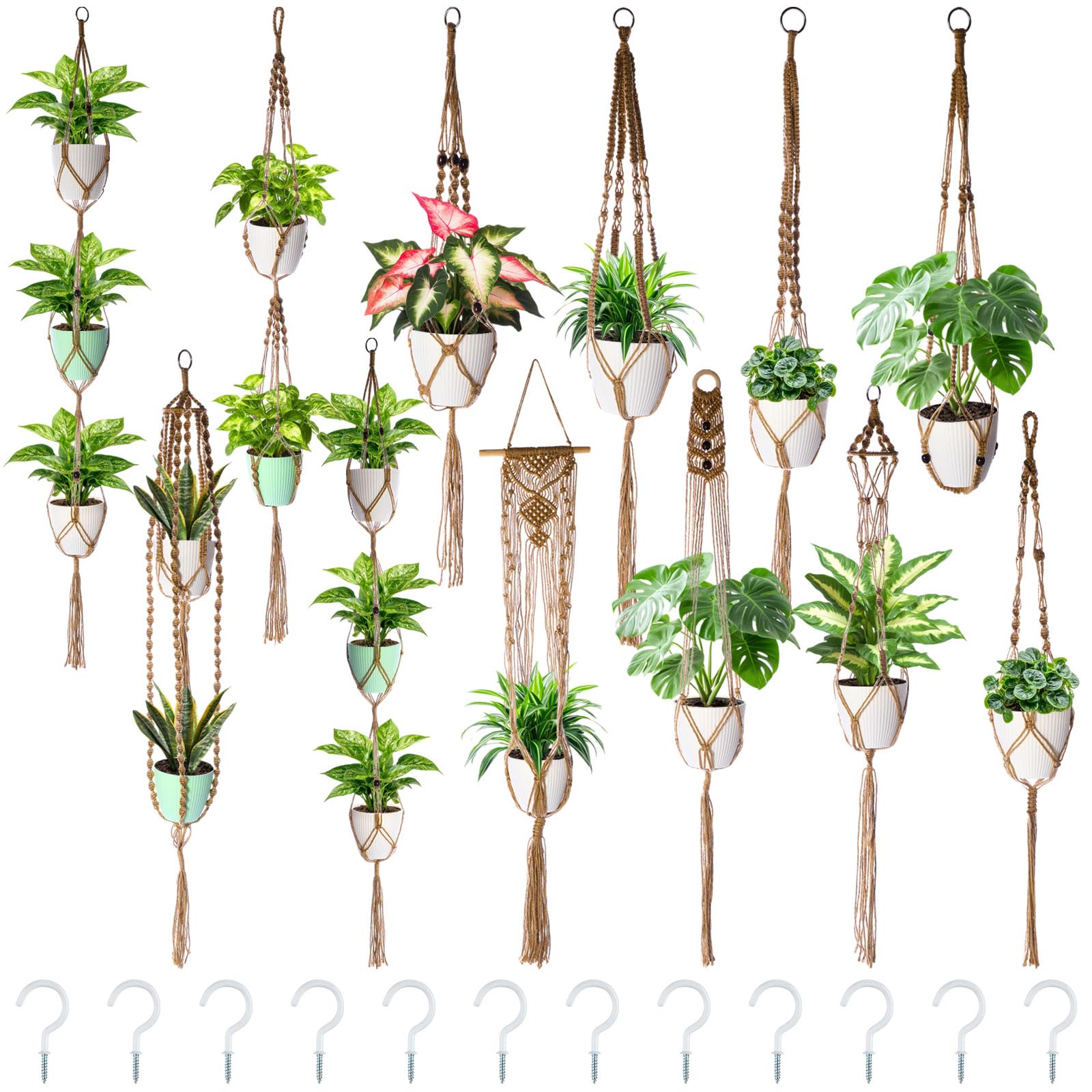SATINIOR Lot de 12 cintres en macramé faits à la main pour pots de fleurs d'intérieur et d'extérieur - 12 designs différents à étages - Style élégant