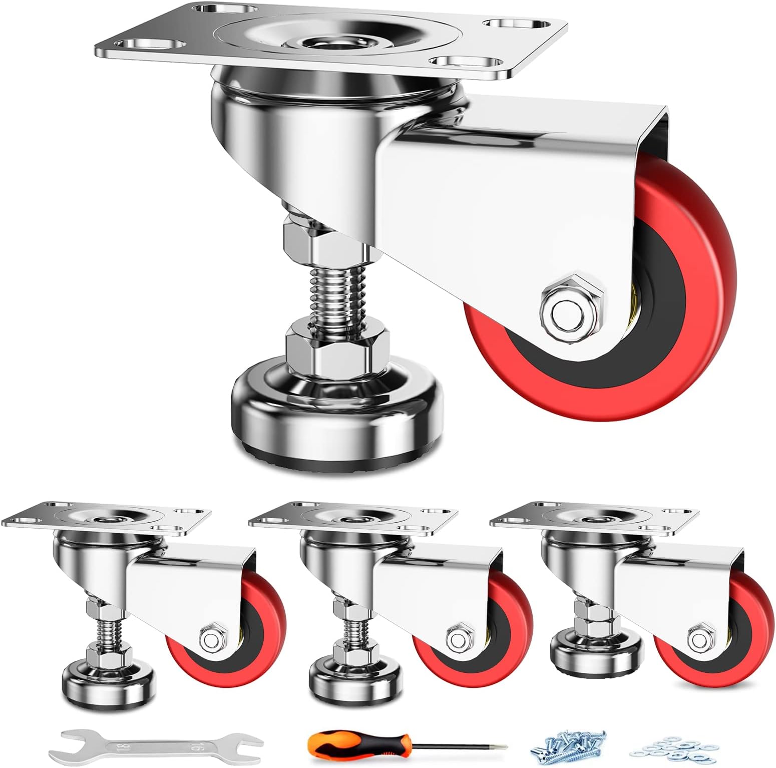 2" Leveling Plate Caster Wheels with Adjustable Anti-Vibration Leveling Foot Pad Heavy Duty Swivel casters for Workbench, Machine Equipment, Furniture Red Set of 4 Total Capacity 1100 Lbs