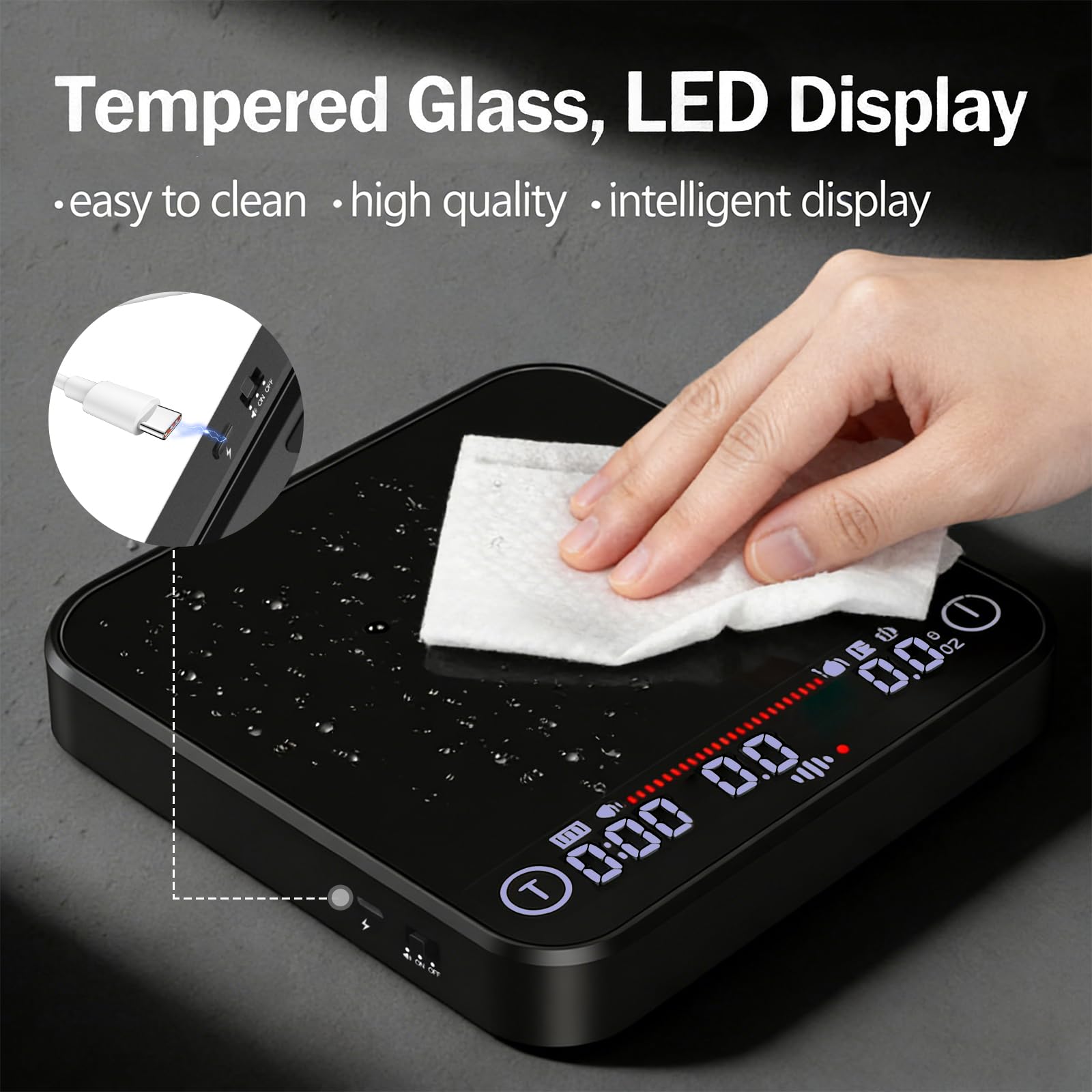 Mini-Kaffeewaage mit Timer, wiederaufladbare Espresso-Skala und Durchflussanzeige, 2 kg/0,1 g, automatische Tare, LED-Display, zum Übergießen, Tropfkaffee, Espresso, Silikonabdeckung (schwarz