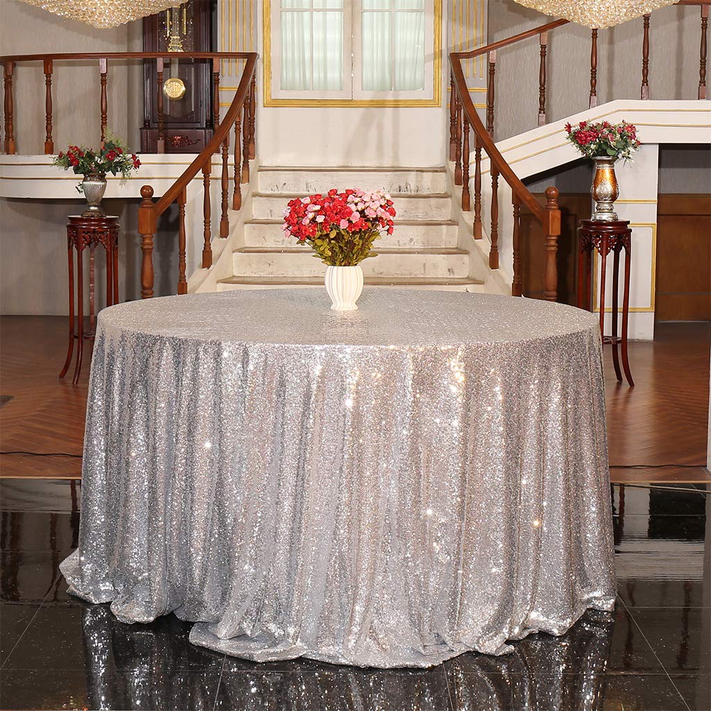 Eternal Beauty Sparkly Round Sequin Tablecloths Wedding Party Banquet (Silver,70 inches)