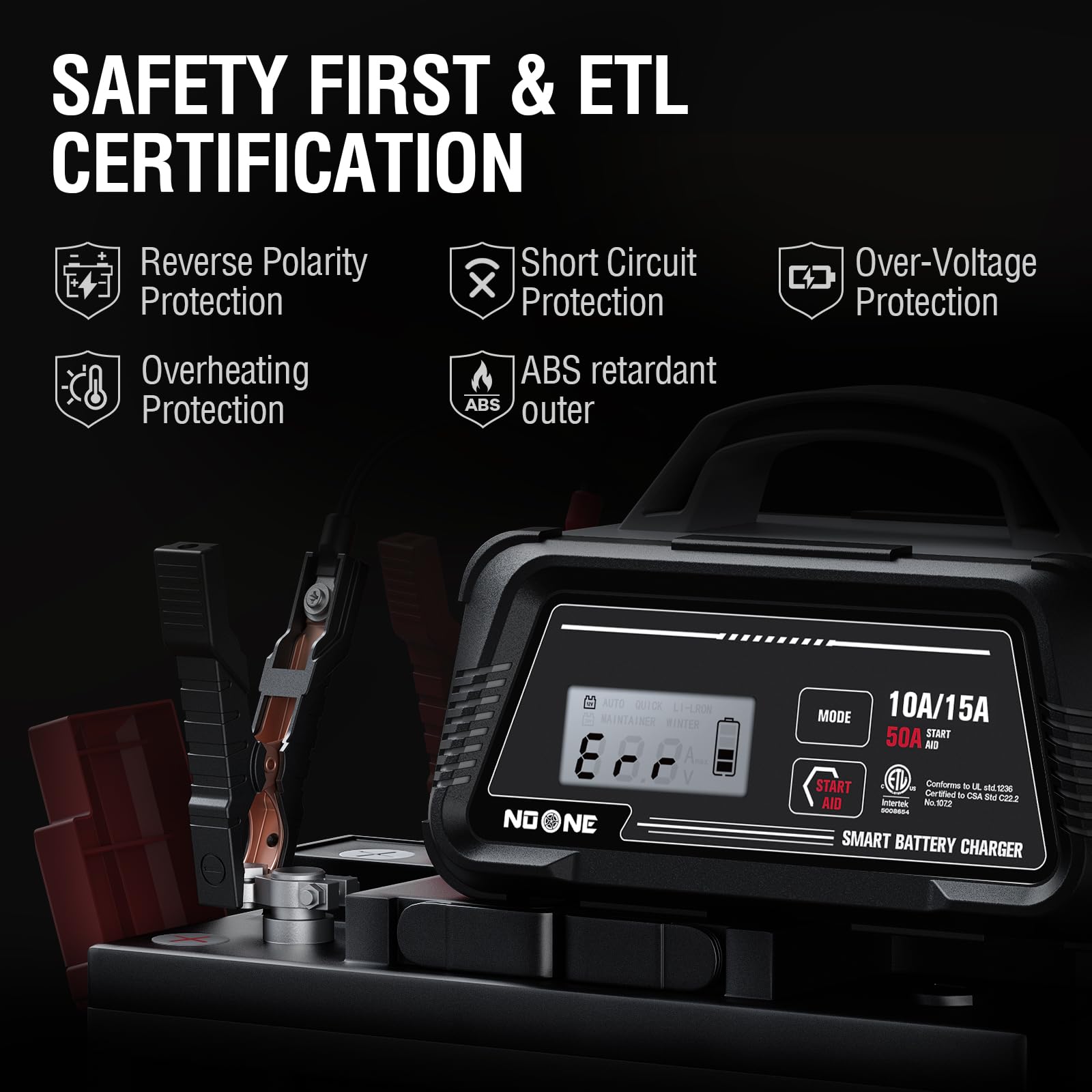 NOONE 10A/15A Smart Battery Charger and Maintainer - Vollautomatisches 6V/12V Ladegerät mit 50A Motorstart, Autoreparatur & Desulfatierung - Kompatibel mit Blei-Säure-, AGM-, LiFePO4-Batterien