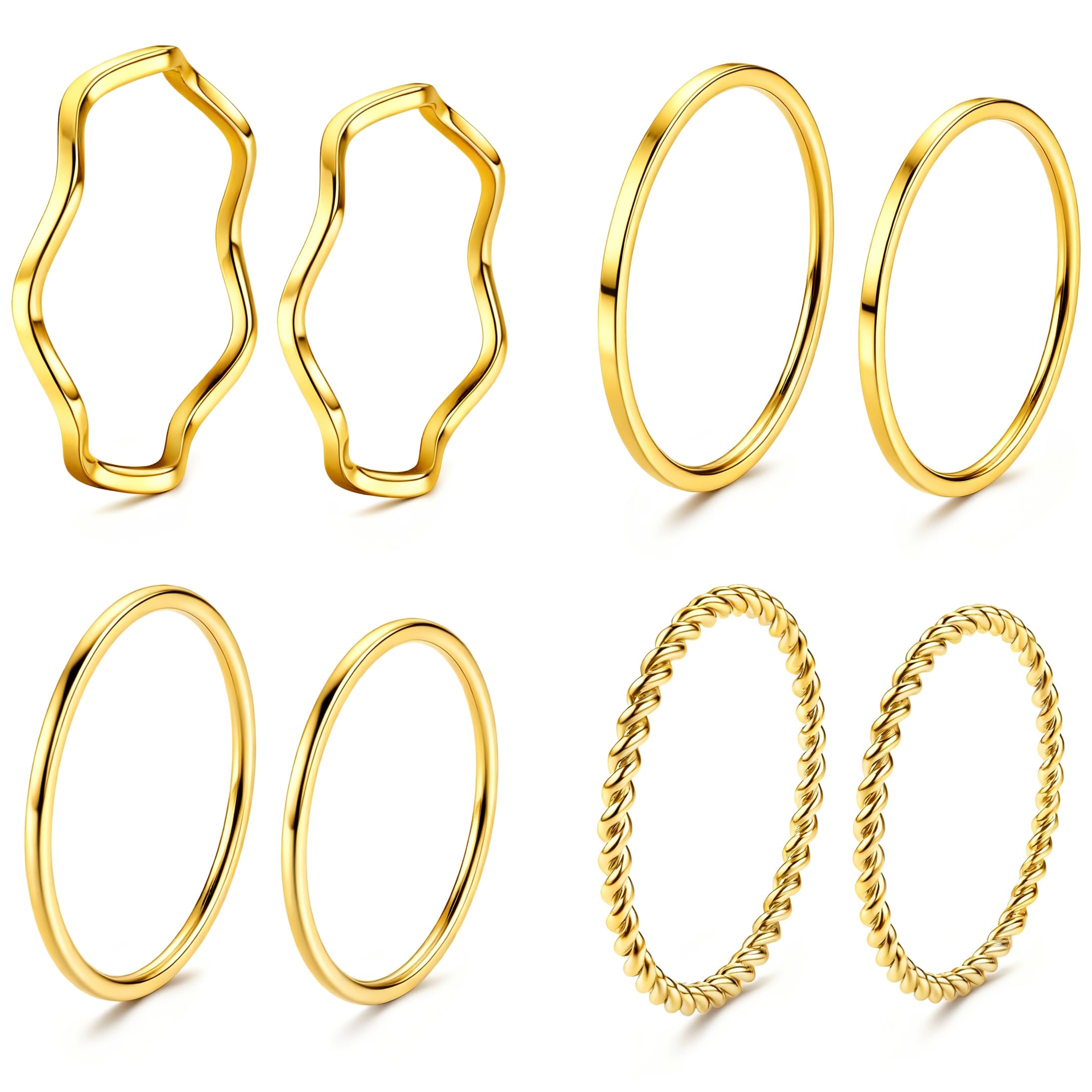 LOYALLOOK 8-14Pcs 1mm Stainless Steel Women's Plain Band Knuckle Stacking Midi Rings Comfort Fit Silver/Gold/Rose Tone