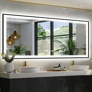 72x32 Large Lighted Bathroom Mirror, Black Rim(Front and Backlit), 3 Colors and Dimmable Vanity Mirror, Tempered Glass, IP54 Enhanced Anti-Fog, Anti-Corrosion, Memory (Horizontal/Vertical)