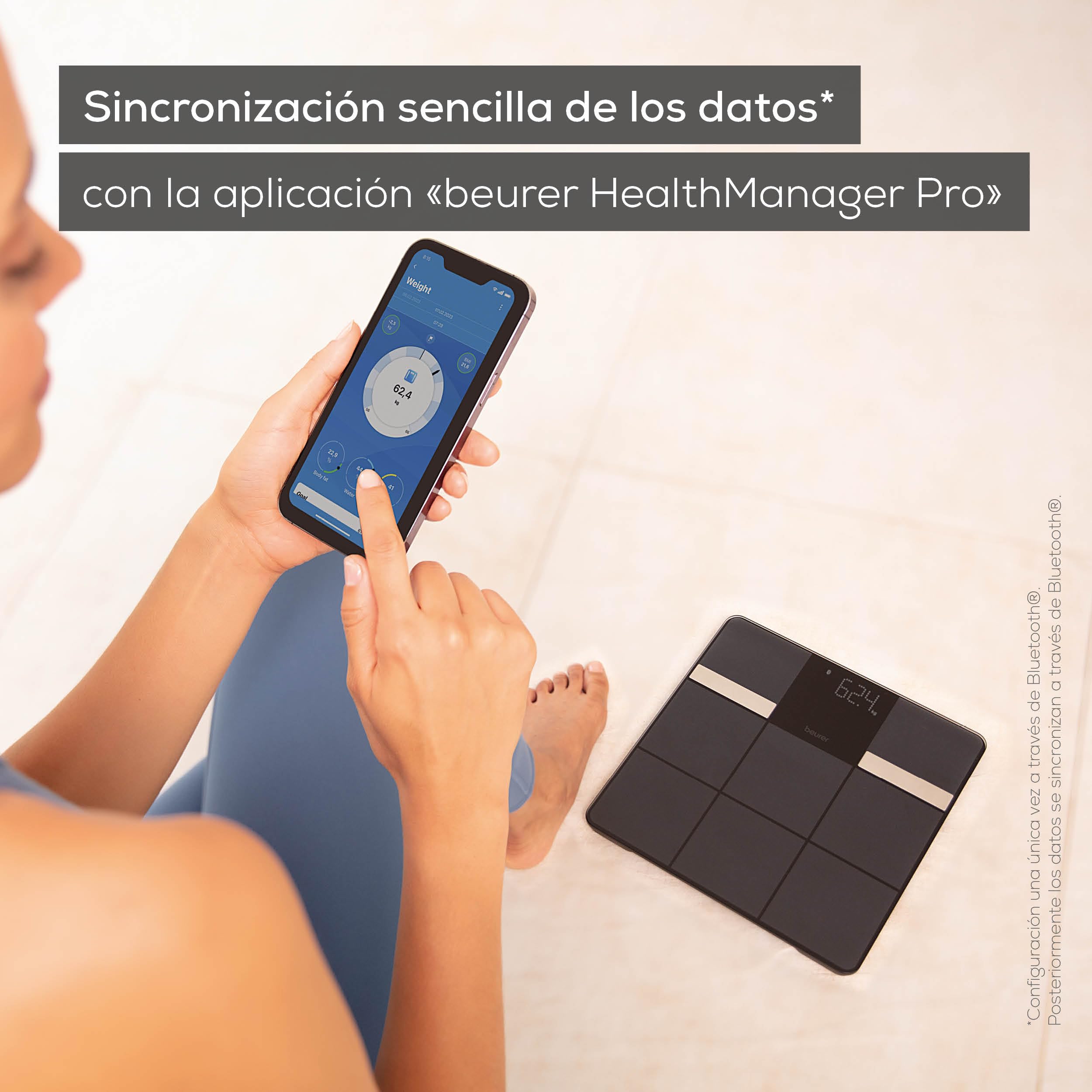 Beurer BF 450 báscula personal con conexión a la aplicación, báscula de grasa corporal digital con 17 valores de medición, estructura de baldosas mate, 8 memorias de usuario, 180 kg