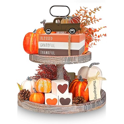 Thanksgiving Tiered Tray Decor - Fall Decorations for Home - 3 Double Sided Faux Book Stack 3 Love Wood Block 1 Pumpkin Truck - Farmhouse Rustic Wooden Table Sign for Autumn Thanksgiving Harvest