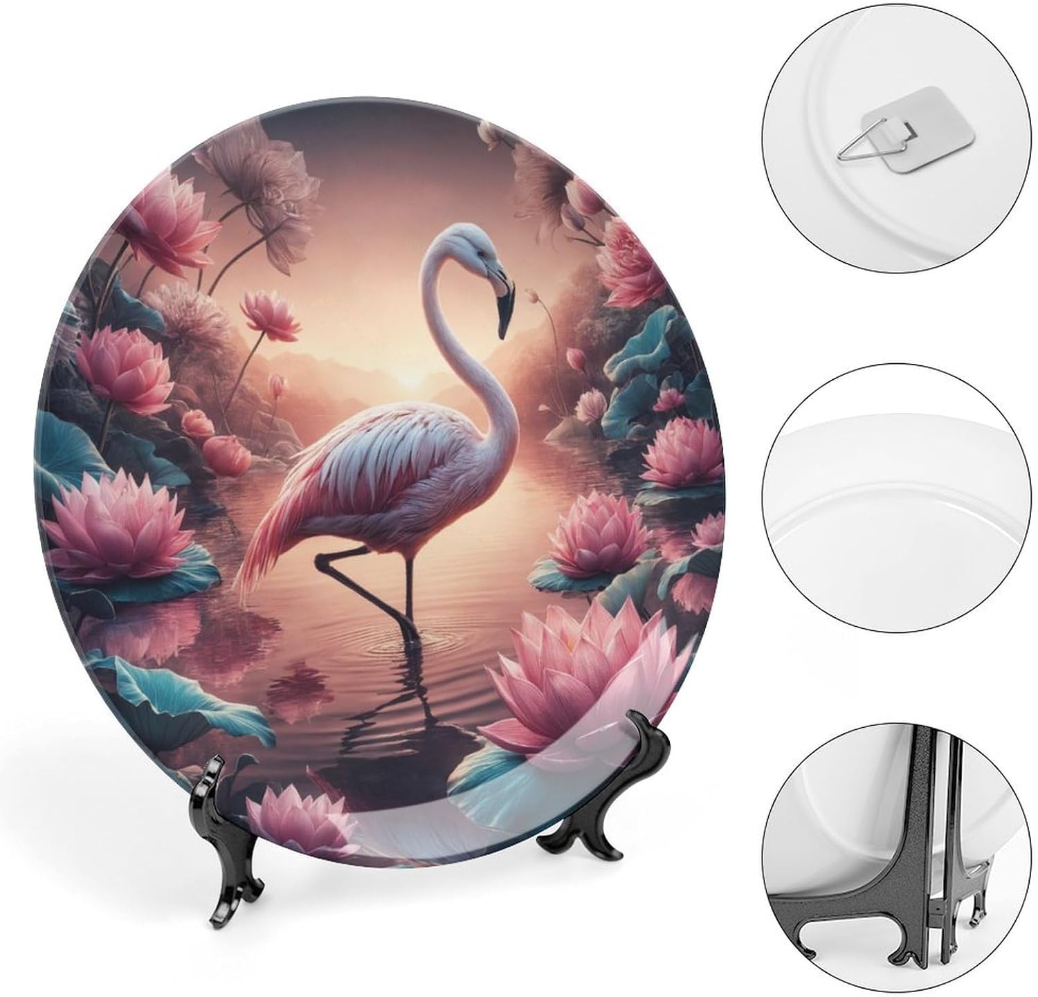 Beautiful Flamingo Standing in The Water Decorative Plates for Home Party, Fantasy Pink Lotus Decor Tray for Table Display, Ceramic Dinner Plate W/Stand, Summer Party Supplies, 8 Inch