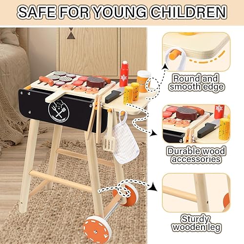 Miniatura 2 de MerryPony Parrilla de juguete de barbacoa de madera, juego de parrilla de barbacoa para niños con comida de juego y herramientas de parrilla, juegos