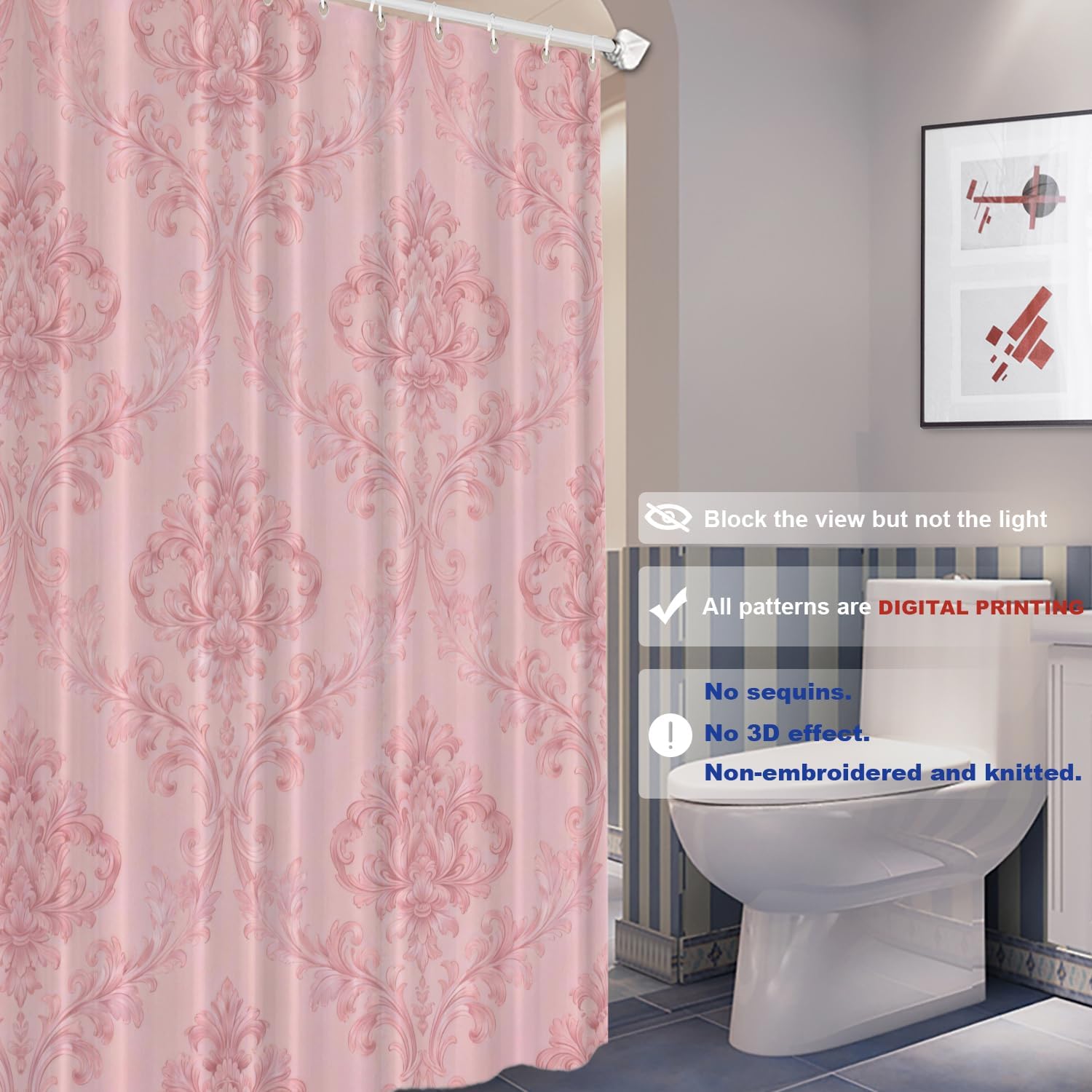 Batmerry Pink Classic Floral Decor Shower Curtain,Pink Chic Elegant Damask Floral Bathroom Decor Polyester Plastic Rings Quick-Drying Waterproof for Bathtubs/Bathroom, 72x72 inches