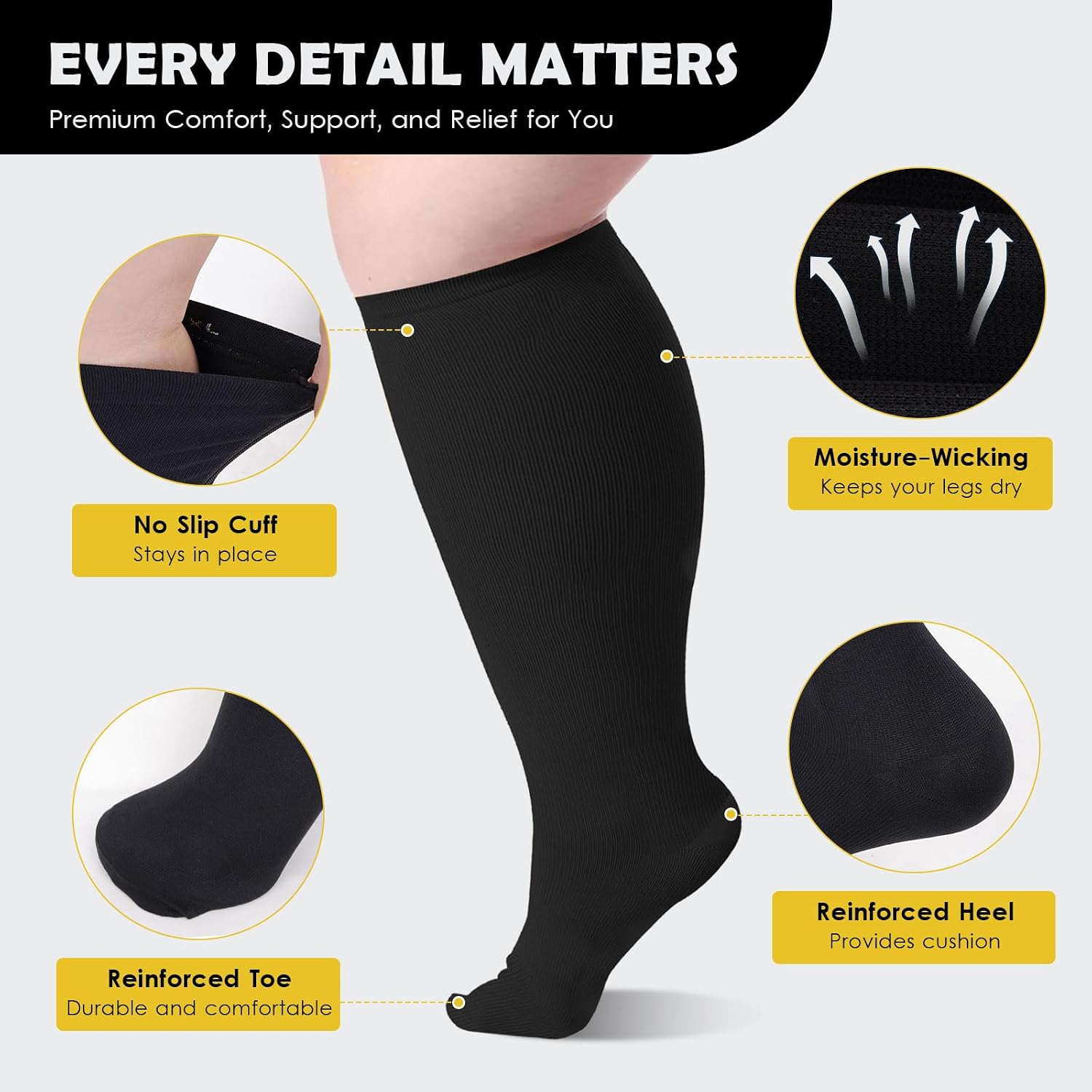 Zipper Plus Size Compression Socks for Women Men Wide Calf, 15 mmHg Knee High Graduated Support for Circulation