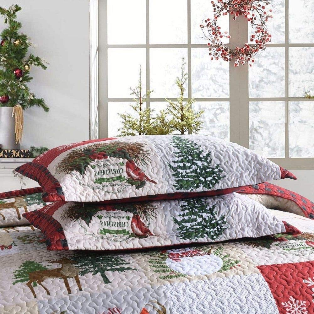 3 Piece Gorgeous Winter Christmas Quilt Set King Size, Beautiful Snowman Snowflake Deer Tree Wreaths Garlands Design Rustic Bedding, Reversible Buffalo Plaid Checkered Patchwork White Red Quilt