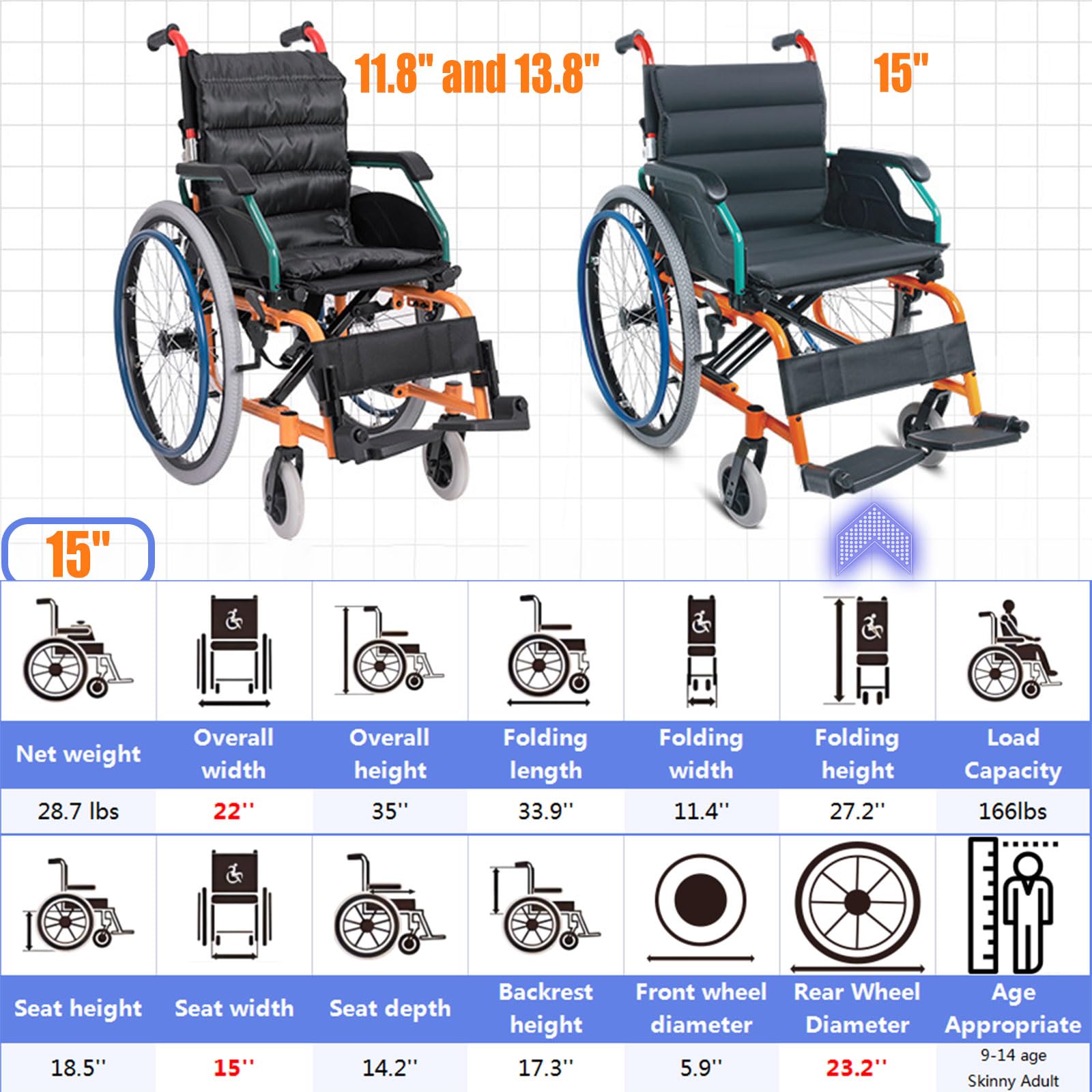 Silla de ruedas pediátrica ultraligera para niños, asiento extra estrecho, silla de ruedas manual plegable para parálisis cerebral para niños con cinturón de seguridad, soporte de pie abatible, mesa