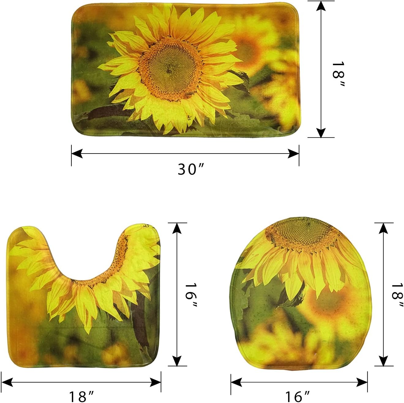Bath Mat Set Sunflowers 3 Piece Bath Mat Pedistal Rug Toilet Cover Soft Flannel