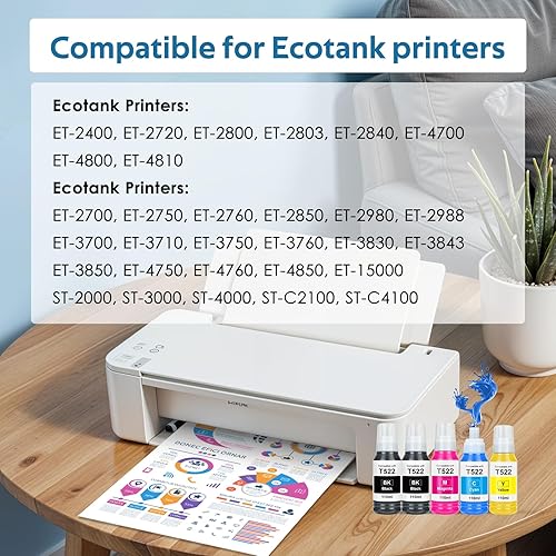 Miniatura 8 de Repuesto para botellas de repuesto de tinta de alta capacidad Epson 522 funciona con EcoTank ET-2400 ET-2720 ET-2800 ET-2803 ET-2840 ET-4700 ET-4800