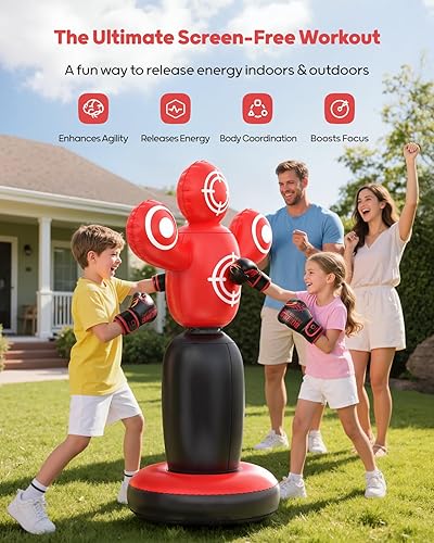 Miniatura 6 de QPAU Saco de boxeo giratorio de 360 para niños, bolsa de boxeo de 64 pulgadas con 4 objetivos y guantes de boxeo para niños, sacos de boxeo