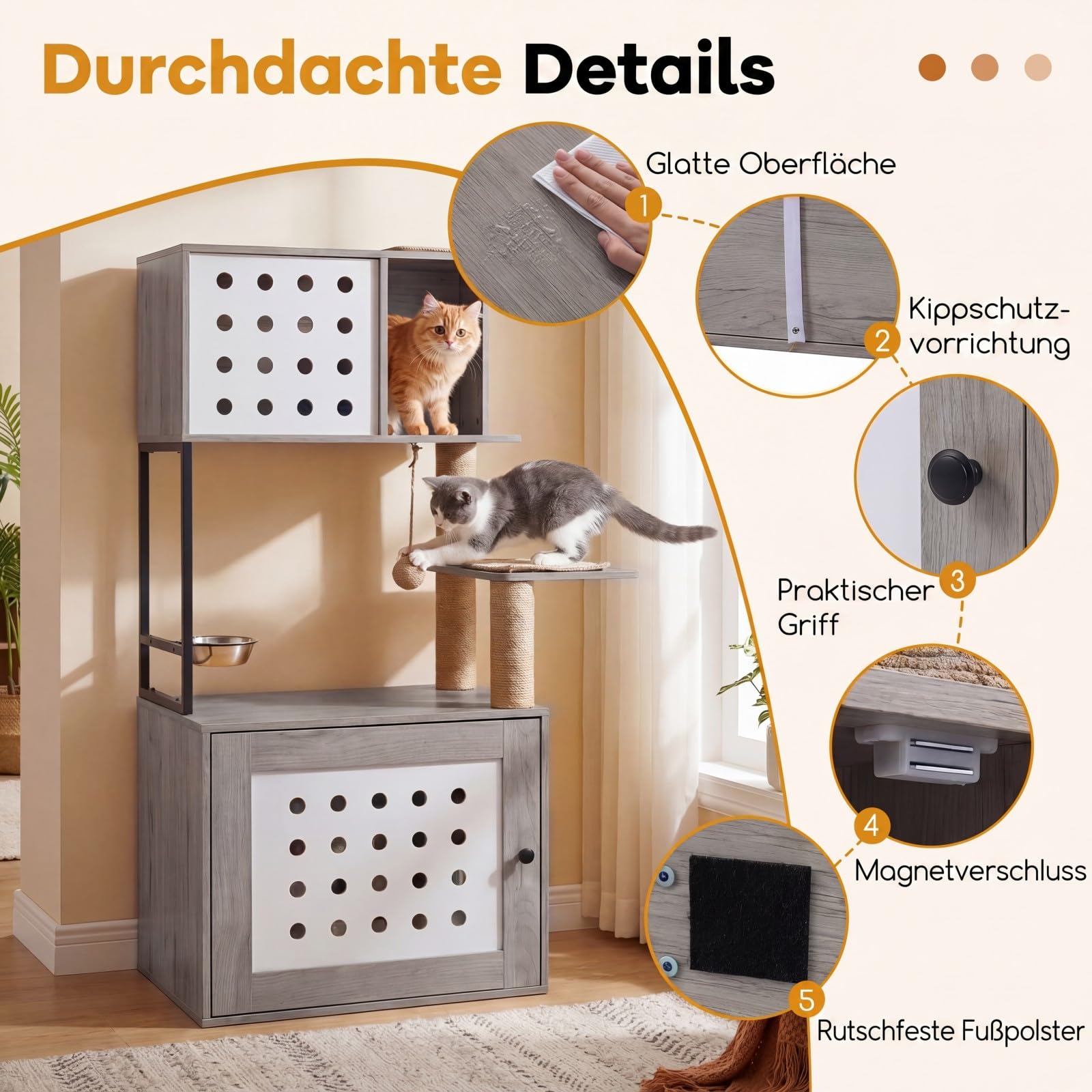 COSTWAY Kratzbaum mit Katzenklo Schrank, Katzenschrank für Katzentoilette, Katzenhaus Holz, Katzenkratzbaum mit Futterstation, Sisalpfosten, Kratzmatten & Eingang, Katzenbaum Katzen (Grau)