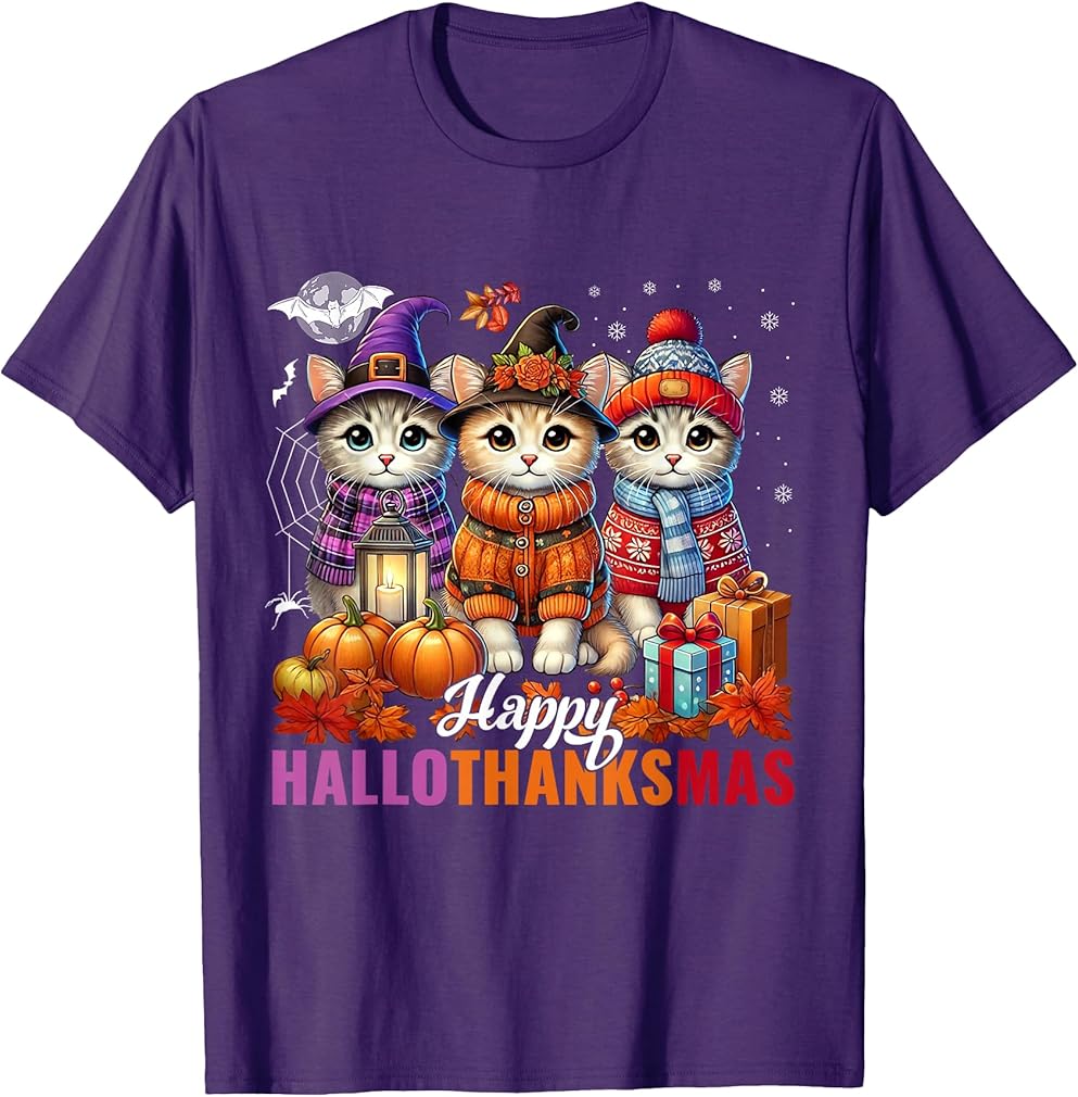 Halloween Thanksgiving Christmas Happy HalloThanksMas Cats T-Shirt