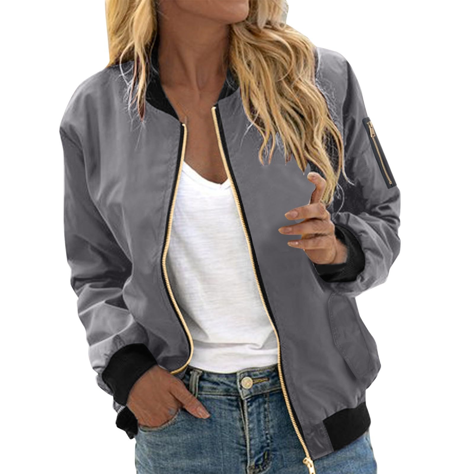 Blouson Jacke Damen Frühling Bomberjacke - Kurz Blouson Jacket leichte Fliegerjacke Langarm Casual Frühling Pilotenjacke Sommer Outwear Jacke Zip Up Solid Leichte Übergangsjacke Frühlingsjacke