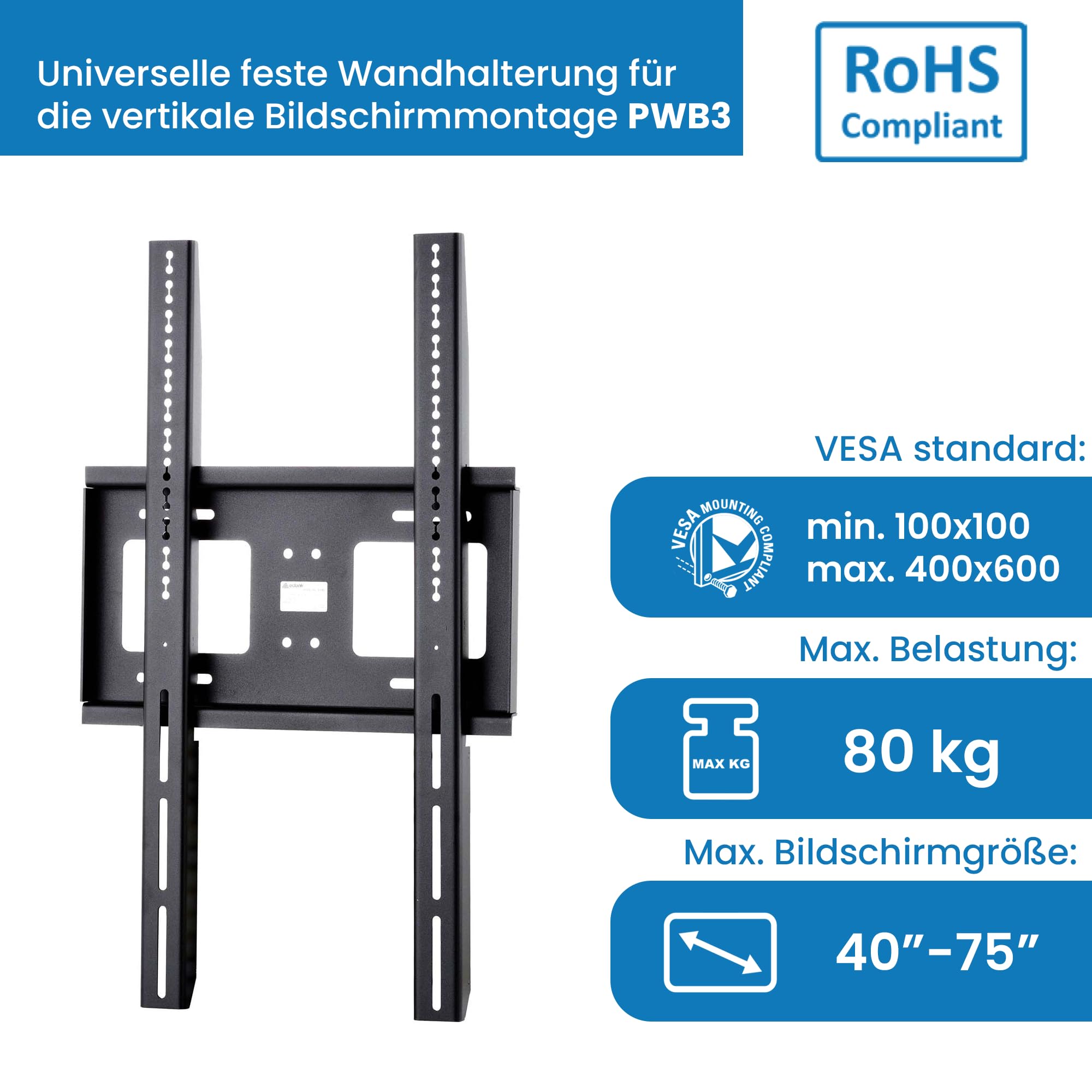Supporto TV Parete per schermi TV da 40-75 Pollici - VESA 100 x 100 a 400 x 600 | Capacità di carico fino a 80 kg