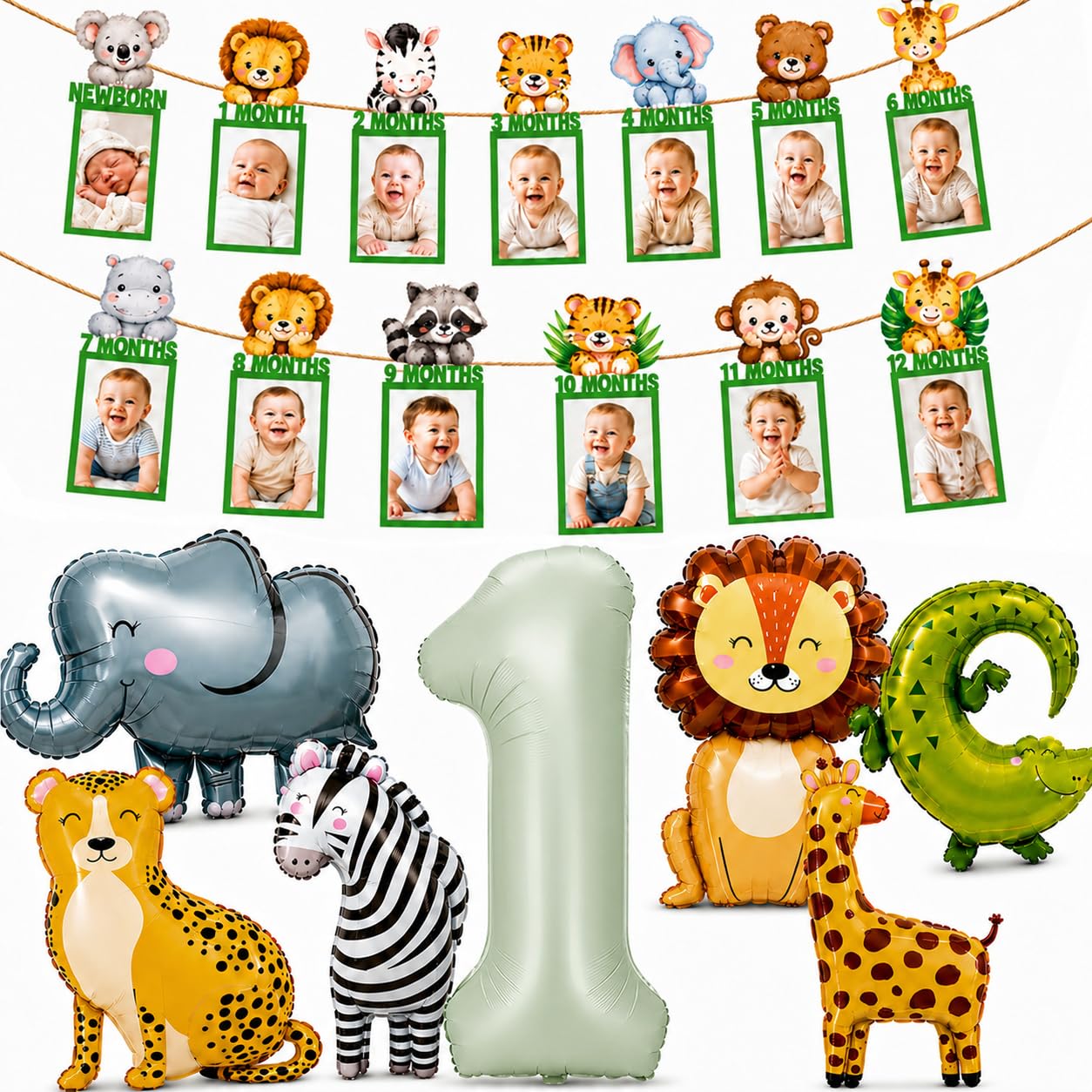 Wild One Birthday Decorations-Safari Jungle 1st Birthday Decorations with 12 Month Photo Banner, Large Number 1 & Animal Foil Latex Balloons