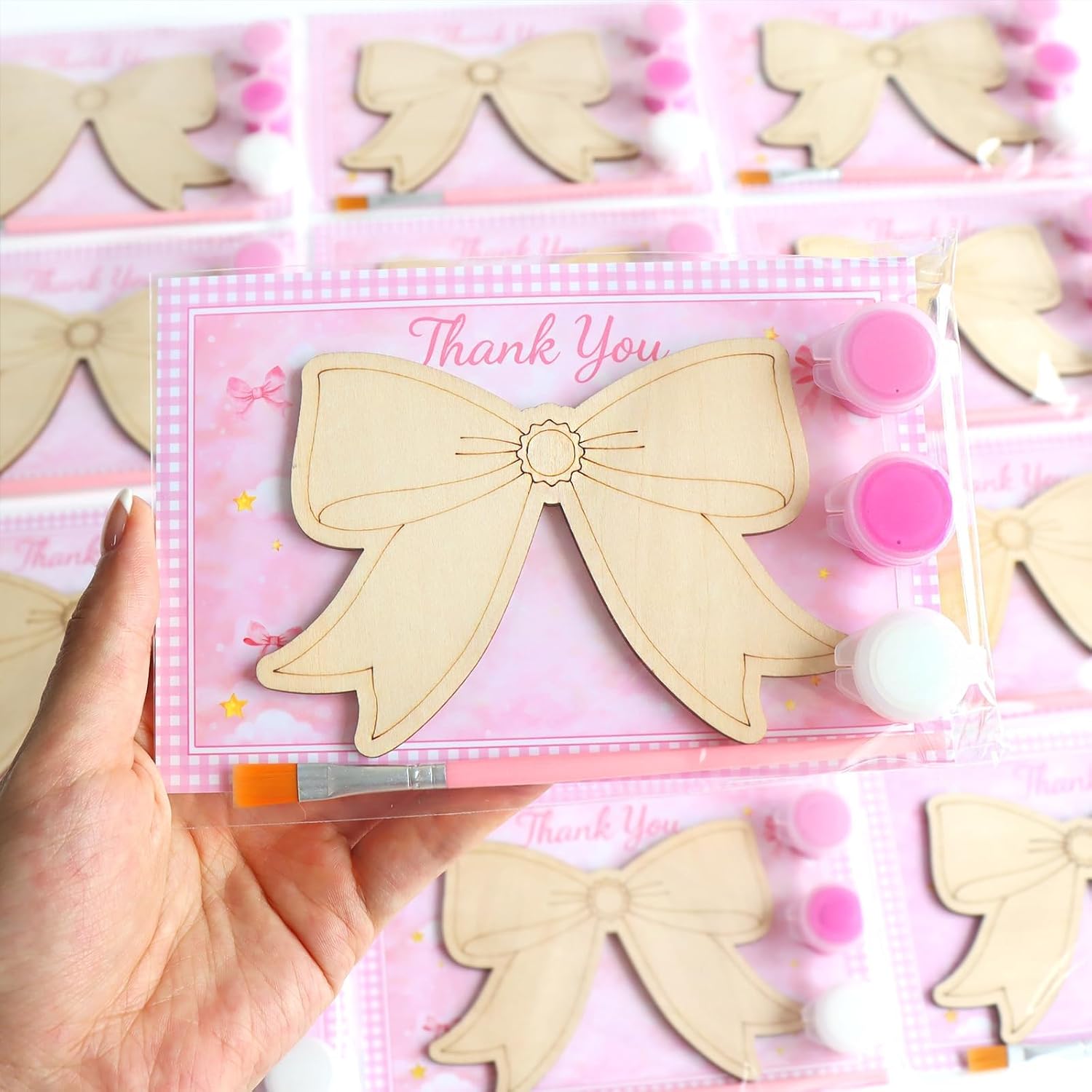 12 Pack Pink Bow Party Favors for Girls, Individually Wrapped Paint Your Own Wooden Magnet Craft Kits with Paints, Brush & Thank You Card